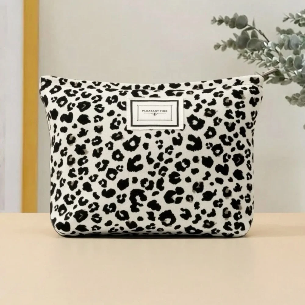 White Leopard Print Cosmetic Bag Chic Travel Pencil Pouch Makeup Bag